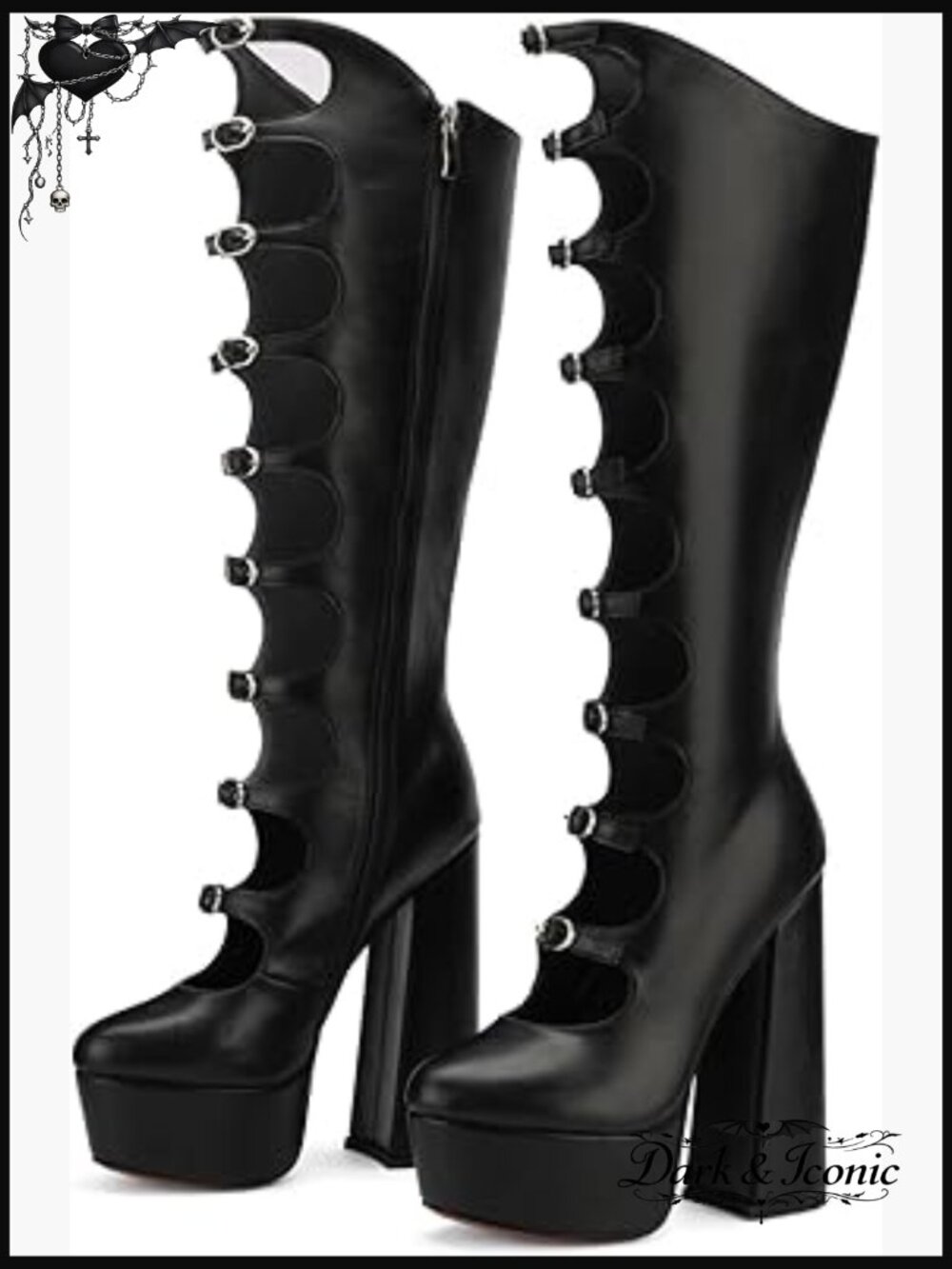 Knee High Platform Boots with Buckle Detail, Chunky Heel, PU Leather